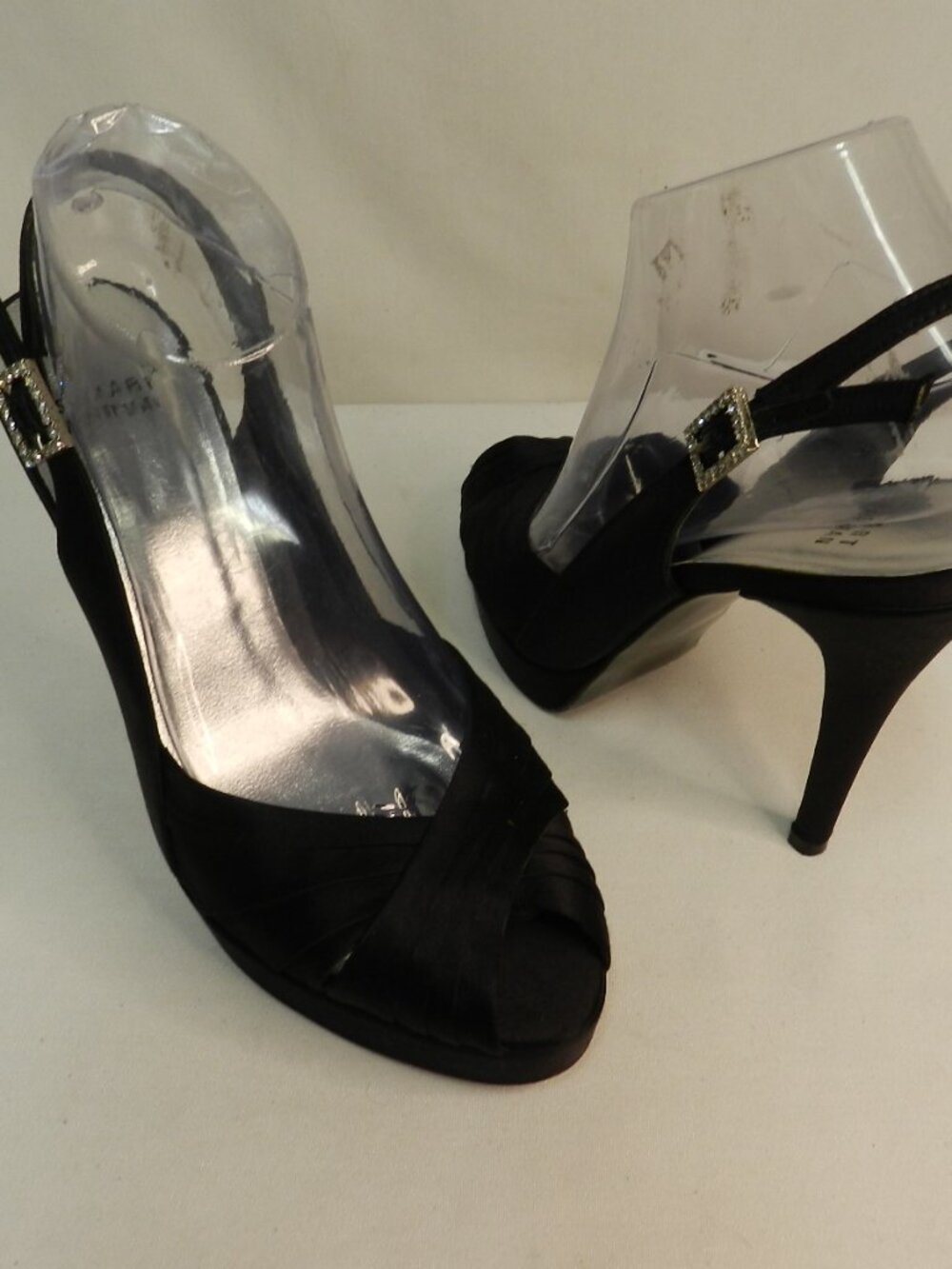Stuart Weitzman Satin Leather Crystal Buckle black slingback peep toe heels 9.5